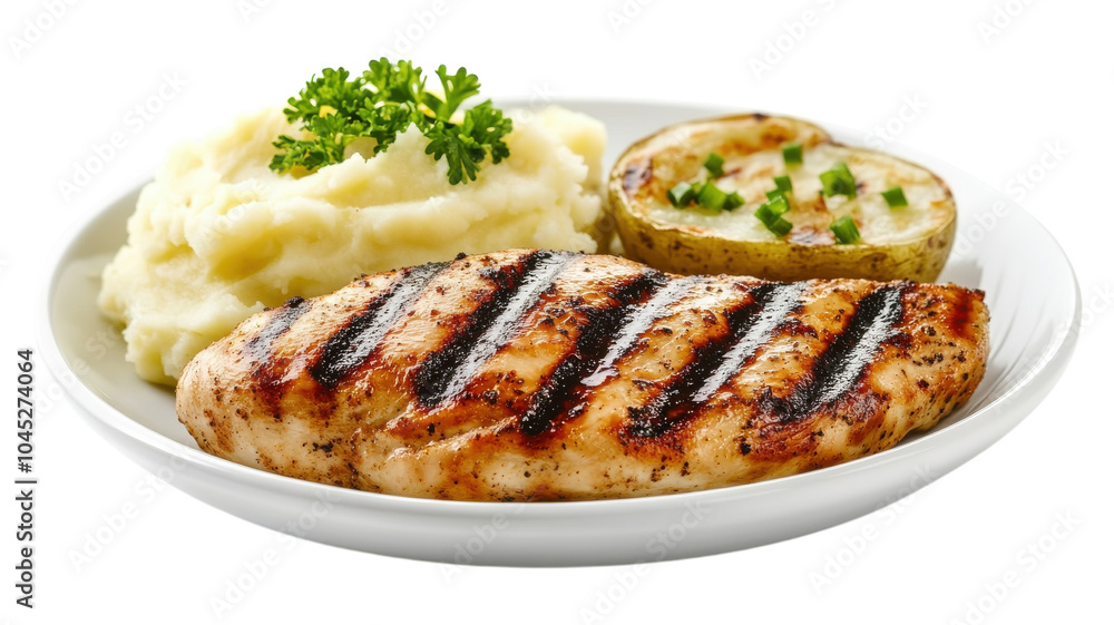 Grilled chicken breast served with mashed potatoes and a baked potato garnished with herbs. Grilled chicken breast served with mashed potatoes and a baked potato garnished with herbs.