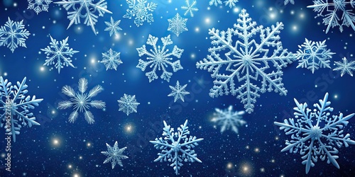 Snowflakes falling on blue background with forced perspective