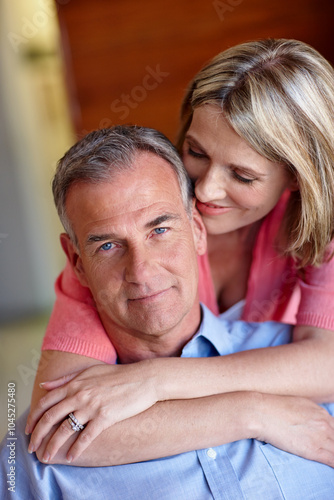 Home, mature couple and portrait with hug for connection, admiration and bonding in healthy marriage. House, man and woman with love embrace for affection, support and commitment in relationship