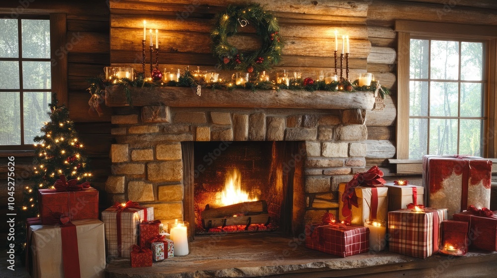 Cozy Holiday Fireplace with Gifts and Decorations Cozy Holiday Fireplace with Gifts and Decorations