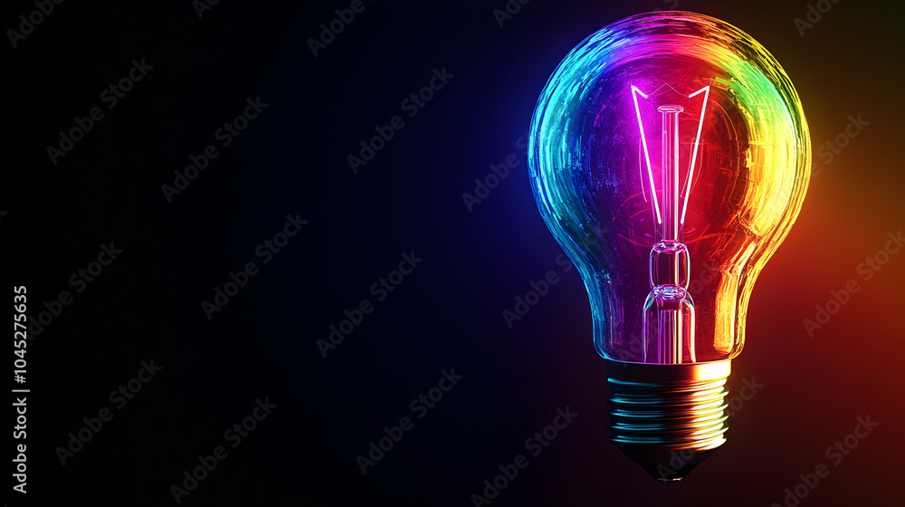 Glowing Rainbow Lightbulb Against Abstract Minimalist Background Glowing Rainbow Lightbulb Against Abstract Minimalist Background