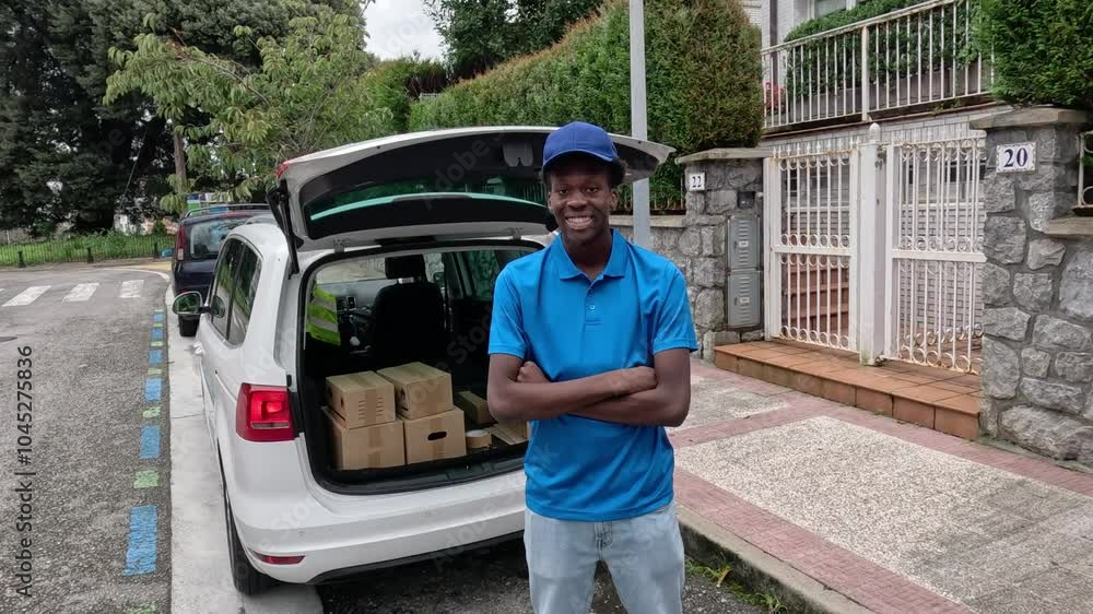 A smiling delivery worker with arms crossed stands next to a vehicle filled with packages, ready for deliveries. Concept of trust and professional service. A smiling delivery worker with arms crossed stands next to a vehicle filled with packages, ready for deliveries. Concept of trust and professional service.