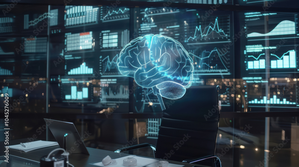 Obraz premium holographic brain floats above desk in modern office, surrounded by digital data displays and graphs, symbolizing advanced technology and innovation