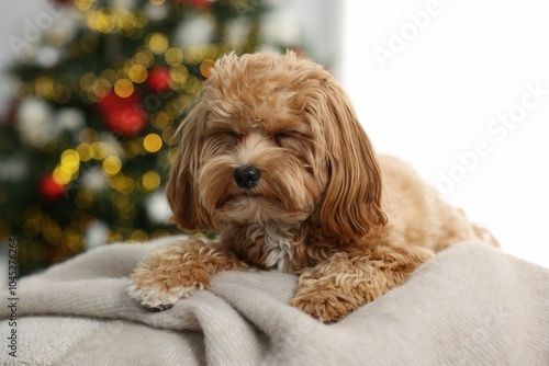 Cute Maltipoo dog on blanket in room decorated for Christmas