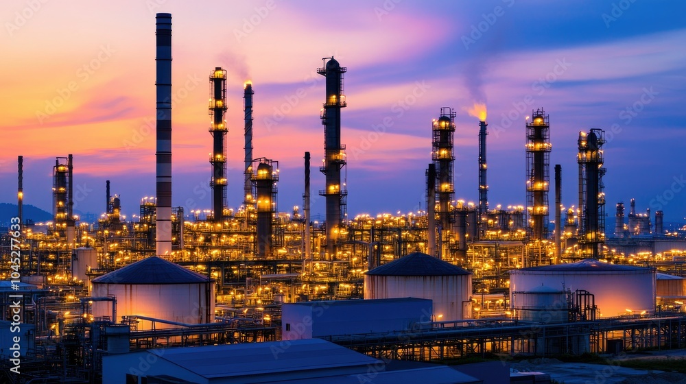 Industrial Landscape at Sunset with Towering Smokestacks Industrial Landscape at Sunset with Towering Smokestacks