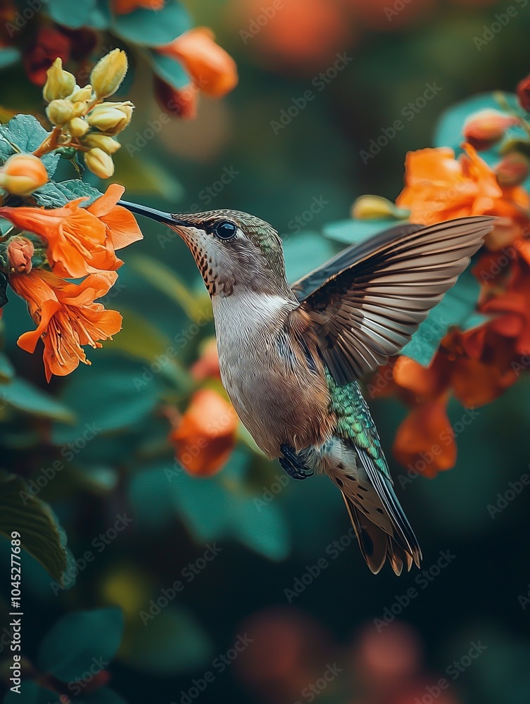 Obraz premium Hummingbird sipping nectar from orange flowers