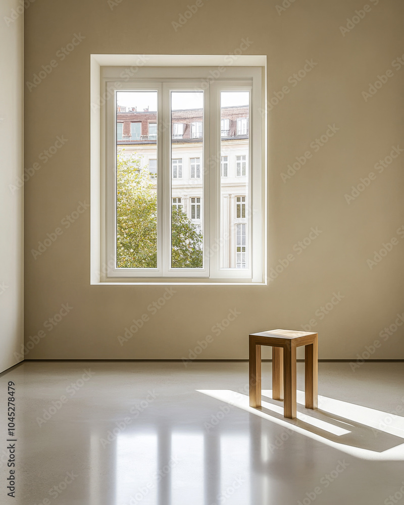 Fototapeta premium Bright minimalist interior featuring a wooden stool illuminated by sunlight through a large window