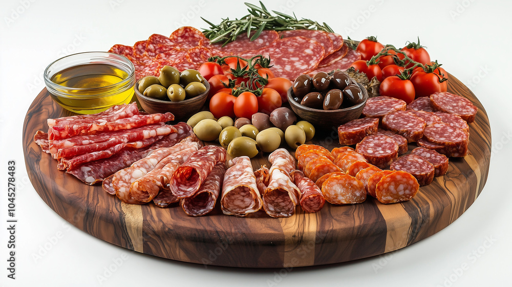 Round wooden platter with various charcuterie Round wooden platter with various charcuterie