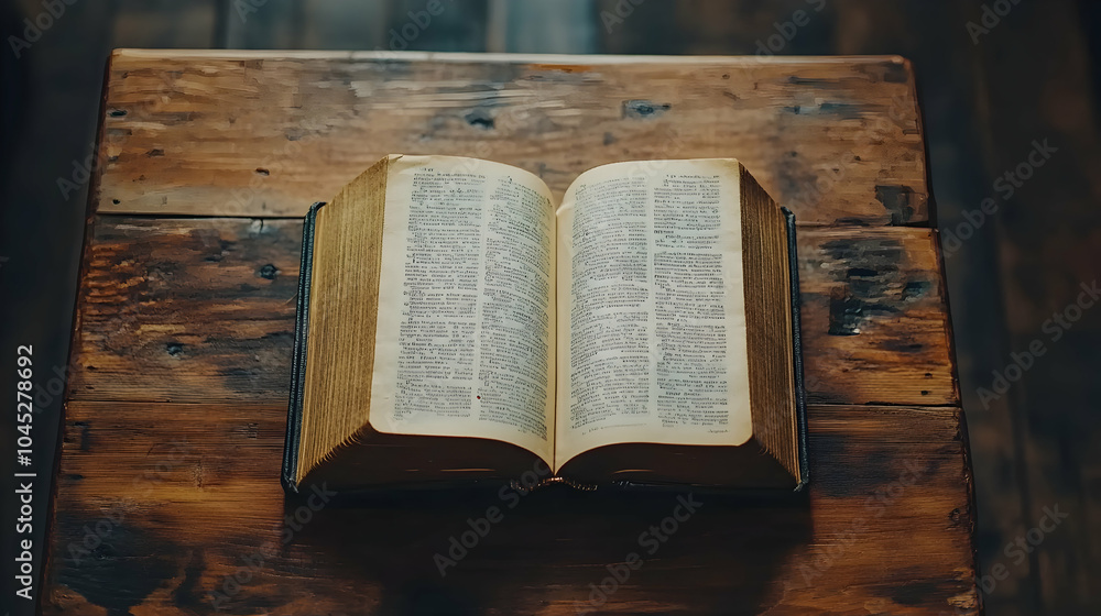 Obraz premium Minimalist Scene Featuring an Open Book on a Wooden Desk with Natural Light