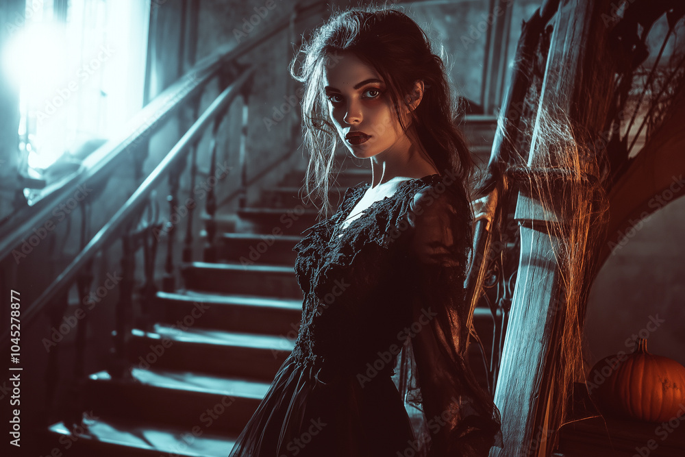 Fototapeta premium Captivating Silhouette An Elegant Fashion Portrait in a Moody Atmospheric Setting