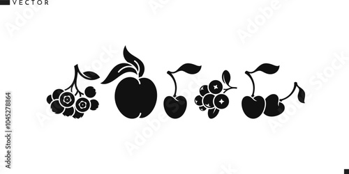 Abstract fruit icon set. Isolated peach cherry cranberry blueberry and rowan 