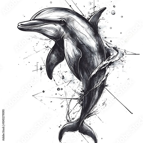 A black and white illustration of a dolphin jumping out of the water with geometric shapes and lines around it. photo