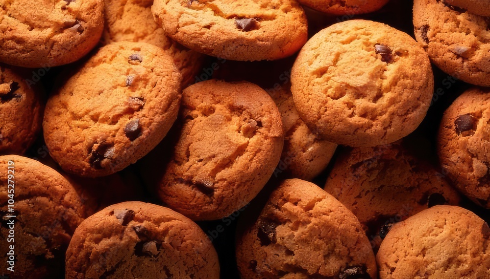 Freshly baked chocolate chip cookies on a wooden surface. Freshly baked chocolate chip cookies on a wooden surface.