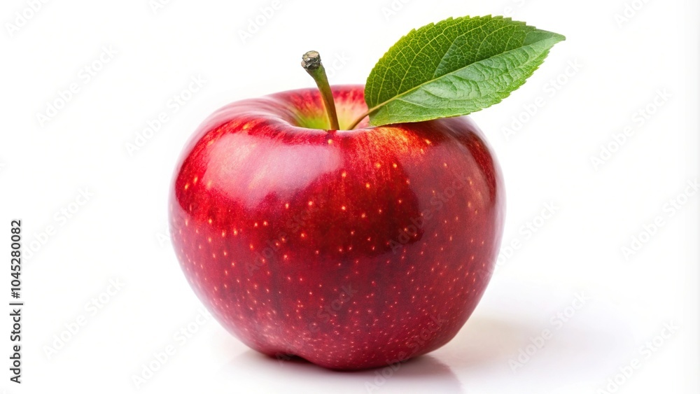 Fresh red apple with leaf isolated on white background in low angle view Fresh red apple with leaf isolated on white background in low angle view