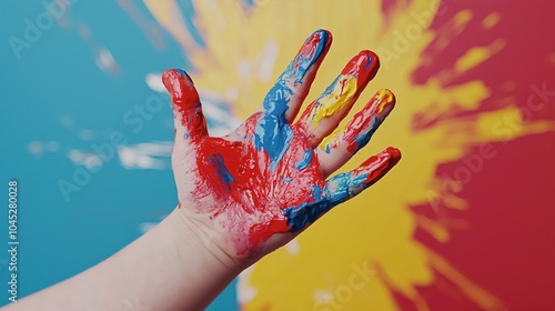 A colorful hand covered in paint against a vibrant backdrop, showcasing creativity and artistic expression. photo