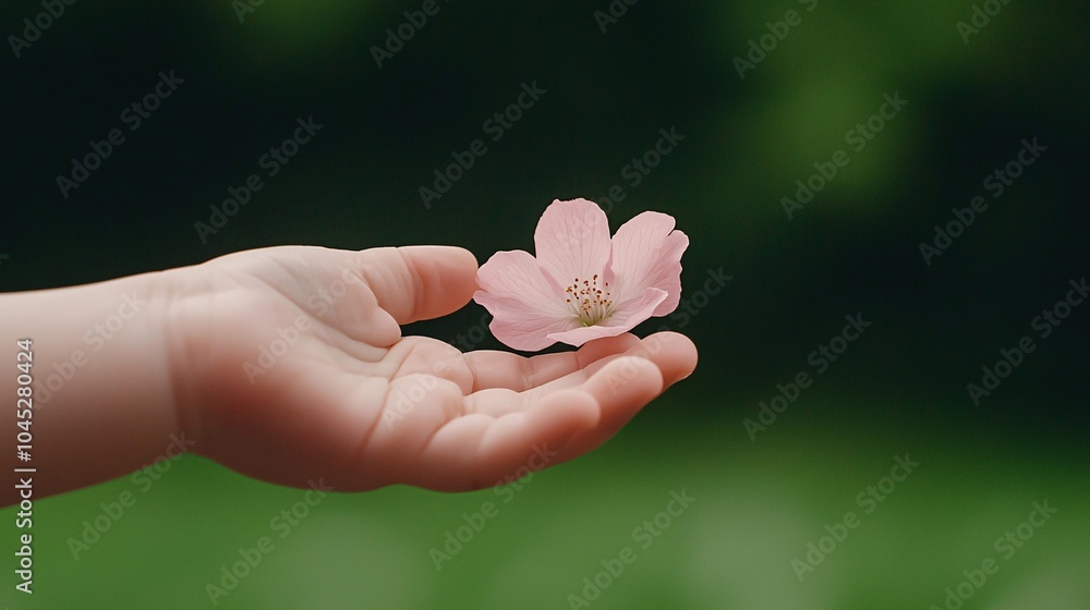A gentle hand cradles a delicate pink flower, symbolizing care and connection with nature in a serene, green background. A gentle hand cradles a delicate pink flower, symbolizing care and connection with nature in a serene, green background.