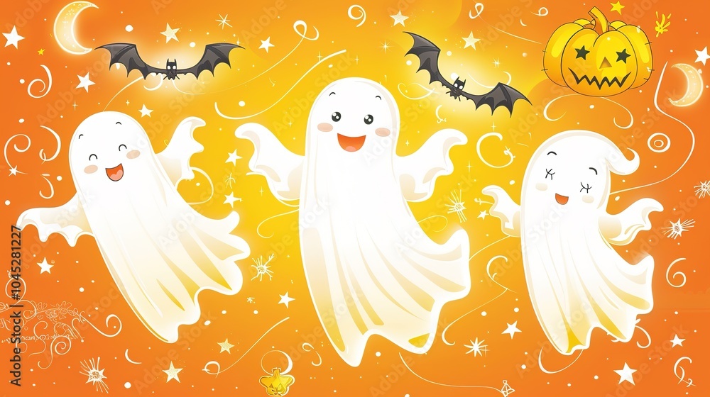 Cheerful Ghosts and Detailed Jack-o'-Lanterns: Vibrant Orange Backdrop, Whimsical Bats, Twinkling Stars - Charming Halloween Pattern Cheerful Ghosts and Detailed Jack-o'-Lanterns: Vibrant Orange Backdrop, Whimsical Bats, Twinkling Stars - Charming Halloween Pattern
