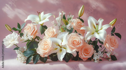 A Romantic Floral Arrangement Featuring Red Roses and Elegant Lilies in a Softly Lit Setting