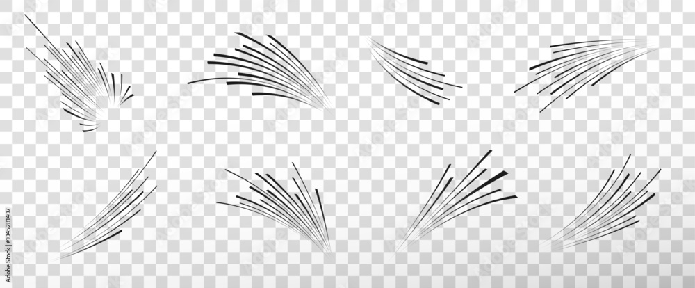 Set of black speed lines on a transparent background. Motion effect, speed lines for design. Vector png for comics. Set of black speed lines on a transparent background. Motion effect, speed lines for design. Vector png for comics.