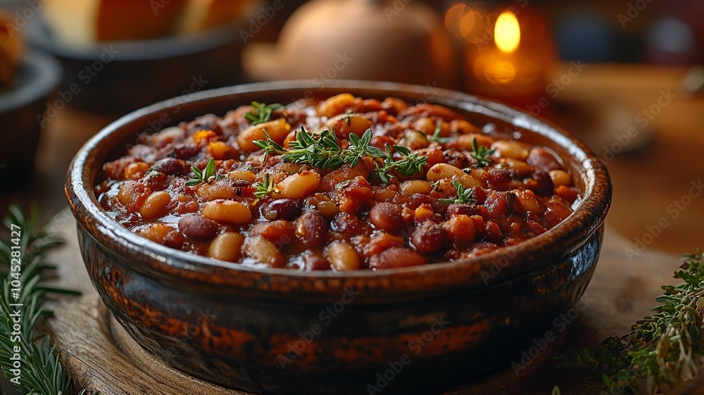 Rustic Flat Lay of Baked Beans with Barbecue Sauce and Fresh Ingredients for Classic Dish
Rustic Flat Lay of Baked Beans with Barbecue Sauce and Fresh Ingredients for Classic Dish