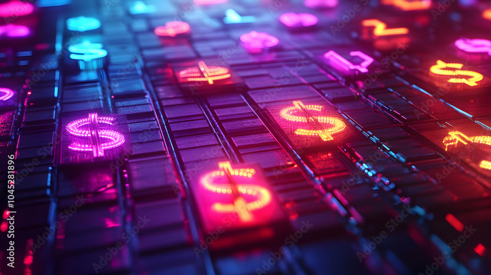 3D Glossy Neon Currency Symbols Tile Pattern with Discount Tags - Vibrant Seamless Design for Business Advertising, Eye-catching Finance Backgrounds, Modern and Bright Aesthetic 3D Glossy Neon Currency Symbols Tile Pattern with Discount Tags - Vibrant Seamless Design for Business Advertising, Eye-catching Finance Backgrounds, Modern and Bright Aesthetic