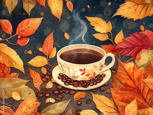 a cup of coffee with coffee beans and autumn leaves photo