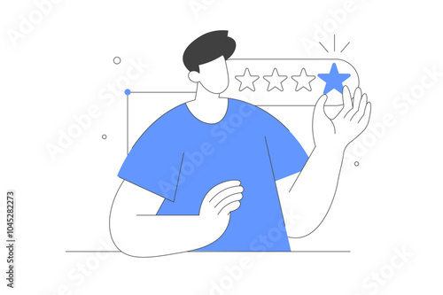 Feedback and review concept. Character giving positive feedback. 5 stars. Rating scale and customer satisfaction. Vector Illustration, icon. Stylish, Minimalist line, abstract