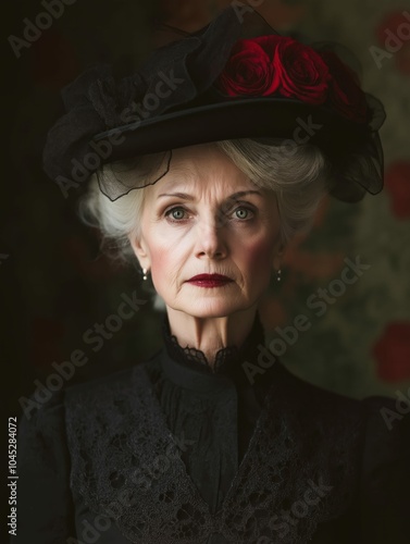 Older Woman Wearing Fine Old-Fashioned Dark Clothing and Black Hat with Roses