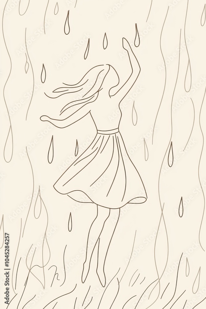 A minimal single line art of a woman dancing in the rain, laughing as raindrops fall around her, hand-drawn style minimalist line art, beige colors and cloudy grey tones, cream-colored A minimal single line art of a woman dancing in the rain, laughing as raindrops fall around her, hand-drawn style minimalist line art, beige colors and cloudy grey tones, cream-colored
