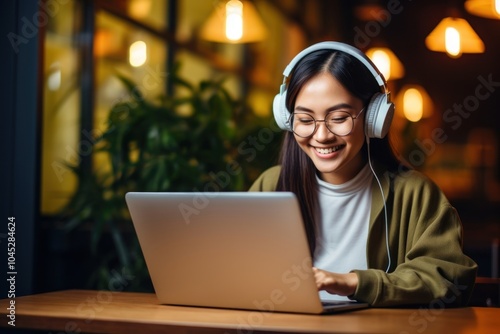 Asian girl working laptop headphones computer. photo