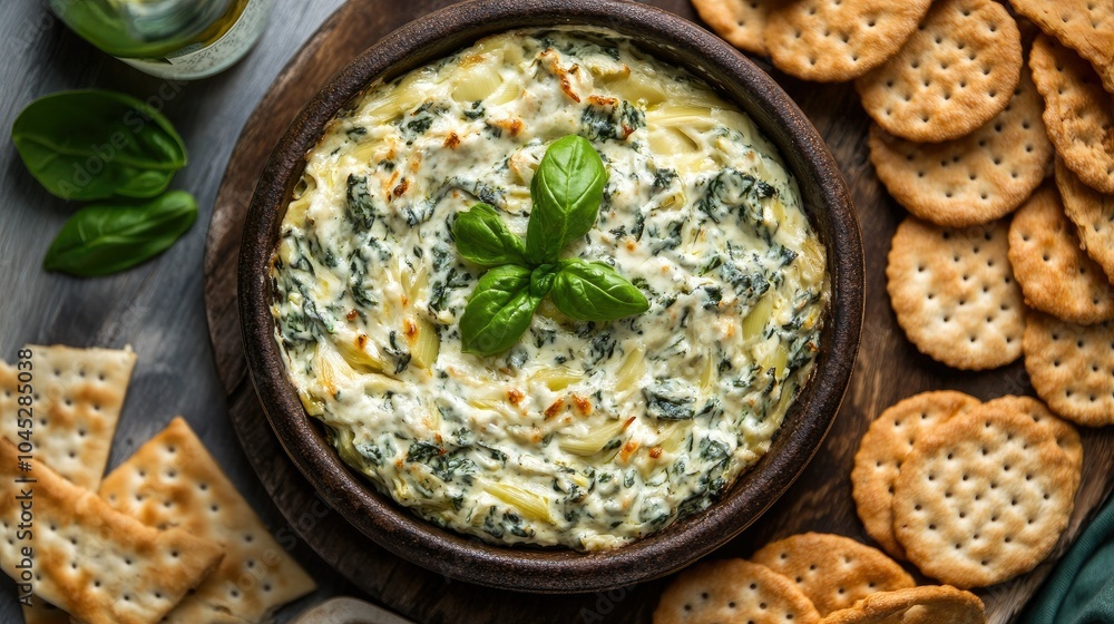 Creamy Spinach Dip with Crackers on Wooden Table Creamy Spinach Dip with Crackers on Wooden Table