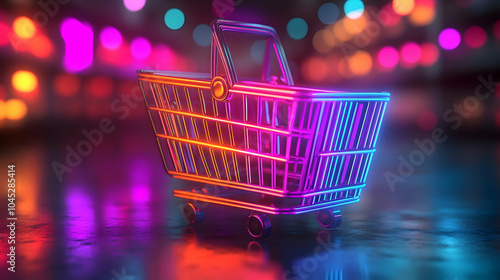 3D Holographic Shopping Basket Icon Glowing Discount Percentages Glossy Background Retail Promotions Advertising Copy Space Creative Design Concept