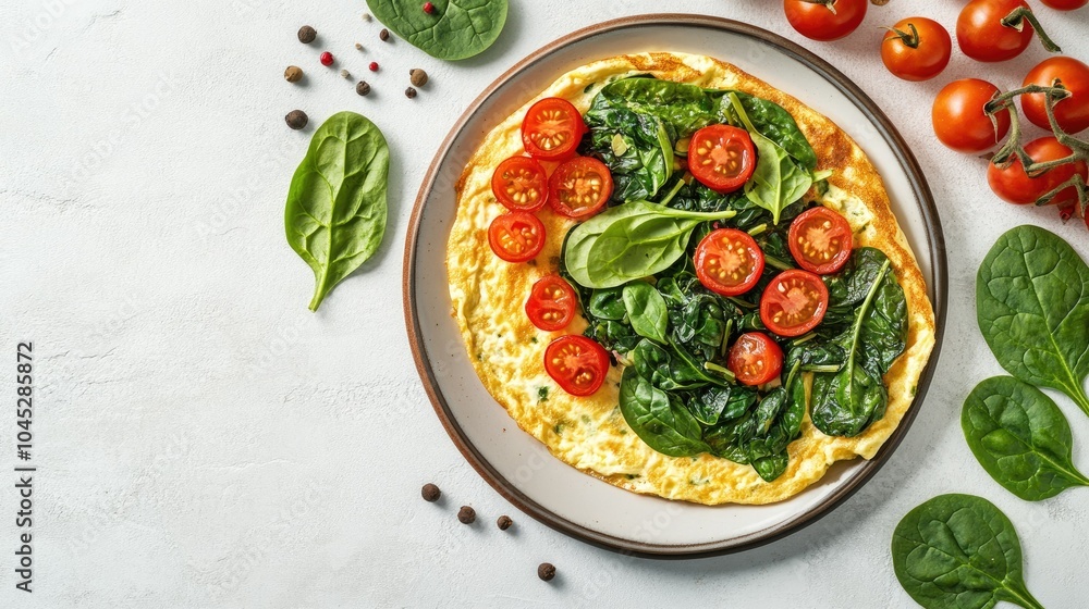 Fresh Spinach and Tomato Omelette on Plate Fresh Spinach and Tomato Omelette on Plate
