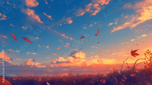 A crisp autumn sky at sunset, with bright orange and red tones reflected in the horizon, blending with the deepening blue above.