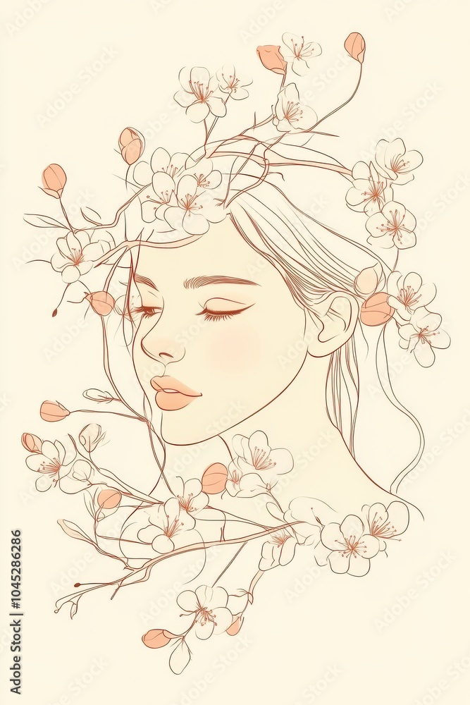 A minimal single line art of a woman framed by delicate peach blossoms, representing new beginnings and beauty, hand-drawn style minimalist line art, beige colors and soft peach tones A minimal single line art of a woman framed by delicate peach blossoms, representing new beginnings and beauty, hand-drawn style minimalist line art, beige colors and soft peach tones