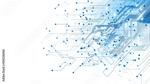 A blue circuit board diagram on a white background, representing high-tech connectivity.