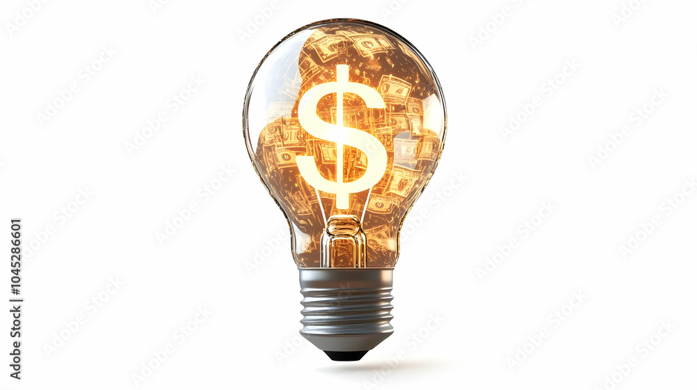 3D Levitating Lightbulb Icon with Dollar Signs Inside Symbolizing Innovative Financial Ideas - High Quality Image of Floating Lightbulb against White Background, Glowing Dollar Sign Details, Luminous 3D Levitating Lightbulb Icon with Dollar Signs Inside Symbolizing Innovative Financial Ideas - High Quality Image of Floating Lightbulb against White Background, Glowing Dollar Sign Details, Luminous