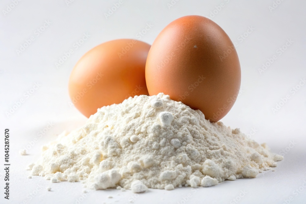 Chicken egg and flour isolated on white background aerial Chicken egg and flour isolated on white background aerial