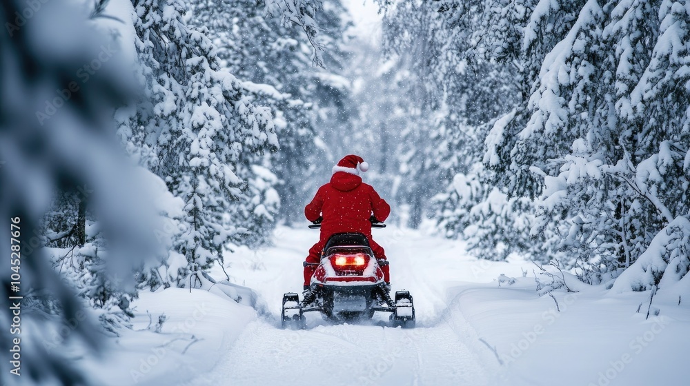 Santa Riding Snowmobile Through Snowy Forest Santa Riding Snowmobile Through Snowy Forest