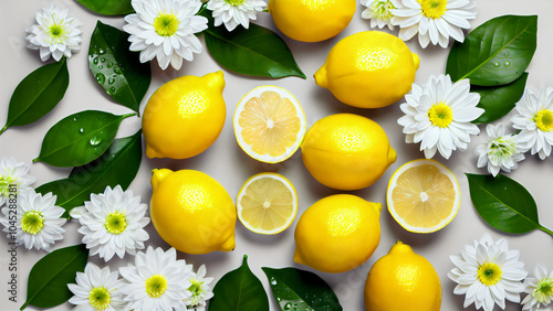 Vibrant Composition of Whole Lemons and Lemon Halves with Shiny Yellow Surfaces, Green Leaves, and White Flowers on a Light Background, Showcasing the Freshness, Natural Beauty