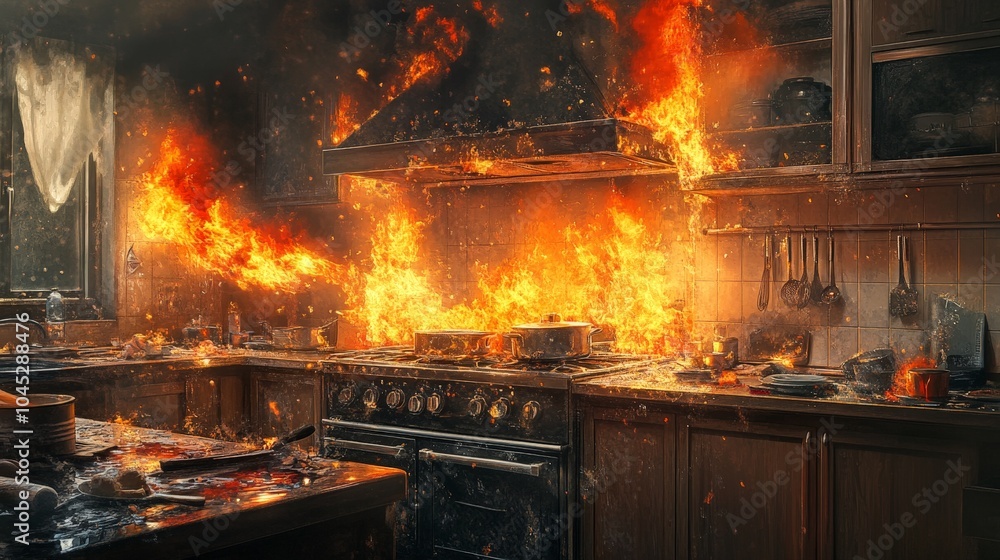 A kitchen in chaos as flames take over the stove and countertops, with fire and smoke filling the air, while cooking utensils and ingredients are abandoned in the midst of the disaster A kitchen in chaos as flames take over the stove and countertops, with fire and smoke filling the air, while cooking utensils and ingredients are abandoned in the midst of the disaster