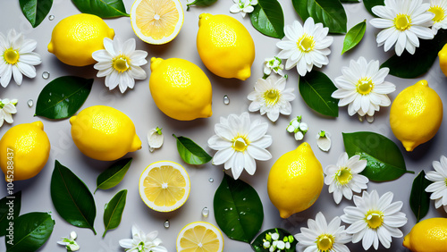 Vibrant Composition of Whole Lemons and Lemon Halves with Shiny Yellow Surfaces, Green Leaves, and White Flowers on a Light Background, Showcasing the Freshness, Natural Beauty