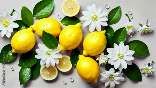 Vibrant Composition of Whole Lemons and Lemon Halves with Shiny Yellow Surfaces, Green Leaves, and White Flowers on a Light Background, Showcasing the Freshness, Natural Beauty