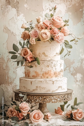 Elegant three-tiered wedding cake adorned with delicate pink roses and greenery on an ornate stand for a perfect celebration theme