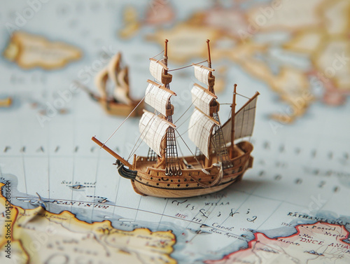 Engraved ship on a vintage sea map background photo