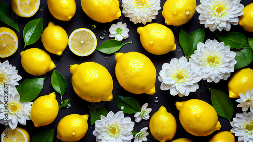 Vibrant Composition of Whole Lemons and Lemon Halves with Shiny Yellow Surfaces, Green Leaves, and White Flowers on a Light Background, Showcasing the Freshness, Natural Beauty