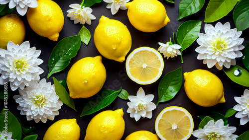 Vibrant Composition of Whole Lemons and Lemon Halves with Shiny Yellow Surfaces, Green Leaves, and White Flowers on a Light Background, Showcasing the Freshness, Natural Beauty