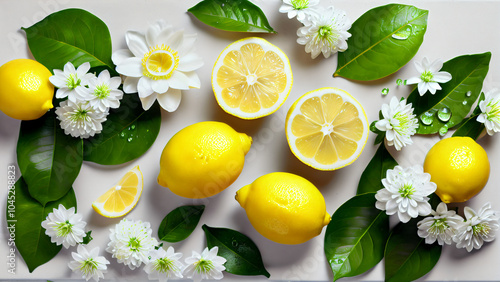 Vibrant Composition of Whole Lemons and Lemon Halves with Shiny Yellow Surfaces, Green Leaves, and White Flowers on a Light Background, Showcasing the Freshness, Natural Beauty