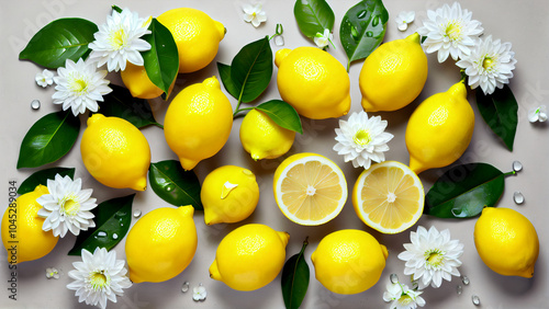 Vibrant Composition of Whole Lemons and Lemon Halves with Shiny Yellow Surfaces, Green Leaves, and White Flowers on a Light Background, Showcasing the Freshness, Natural Beauty