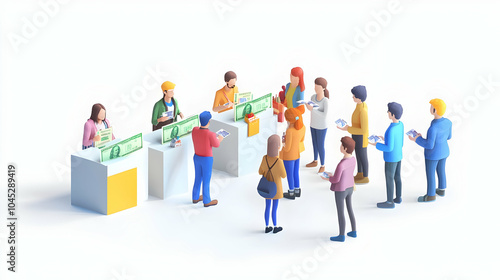 3D Marketers Distributing Currency Vouchers to Attendees at Trade Show, Conceptual Image of Promotional Currency Distributed in Bustling Atmosphere, Isolated White Background